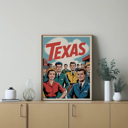 Retro poster with "Texas" text and smiling people in vintage attire.