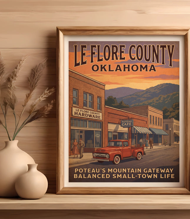 Le Flore County, Oklahoma retro travel poster with storefronts and vintage truck.