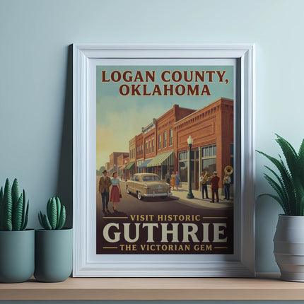 Logan County, Oklahoma travel poster with Victorian Guthrie and a jazz band.