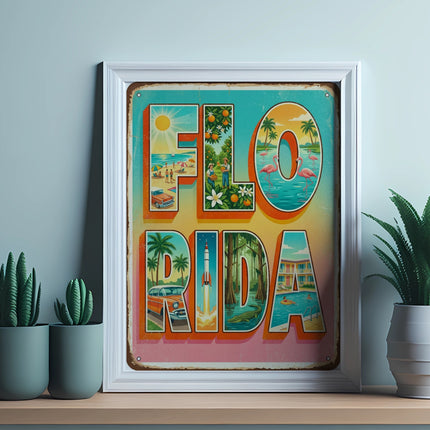 Florida travel poster with palm trees, beach, and flamingos.