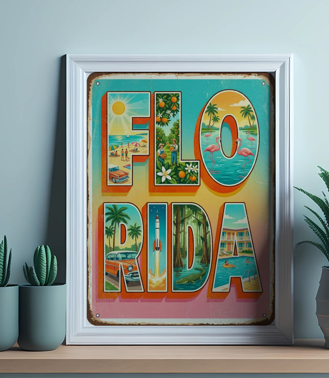Florida travel poster with palm trees, beach, and flamingos.