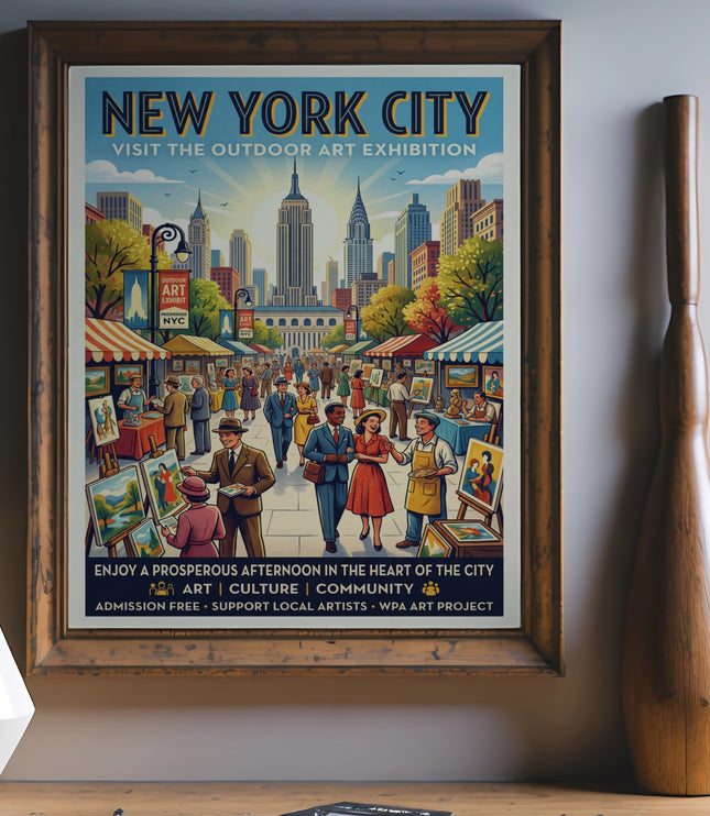 New York City outdoor art exhibition poster with cityscape and people.