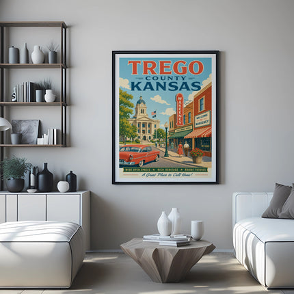 Poster for Trego County, Kansas, featuring Wakeeney and a vintage car.