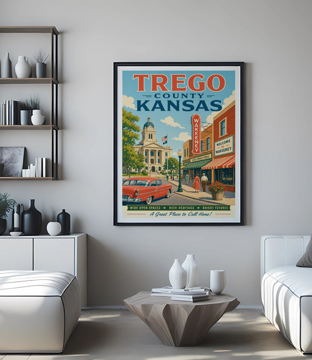 Poster for Trego County, Kansas, featuring Wakeeney and a vintage car.