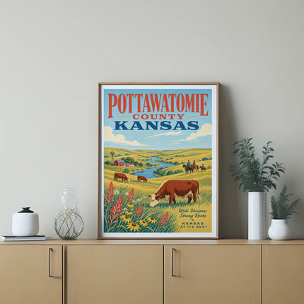 Pottawatomie County Kansas vintage travel poster with cows and rolling hills.