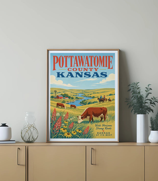 Pottawatomie County Kansas vintage travel poster with cows and rolling hills.