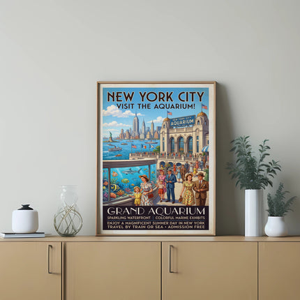 New York City Grand Aquarium vintage travel poster with cityscape and marine life.