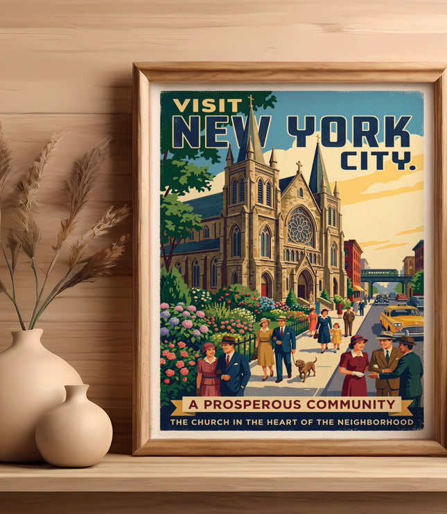 Vintage travel poster for Visit New York City featuring a church and people.