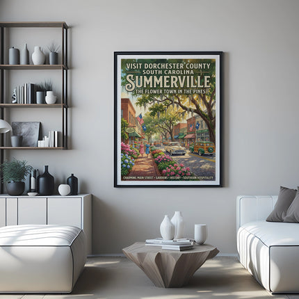 Summerville, South Carolina travel poster with charming main street scene and text.