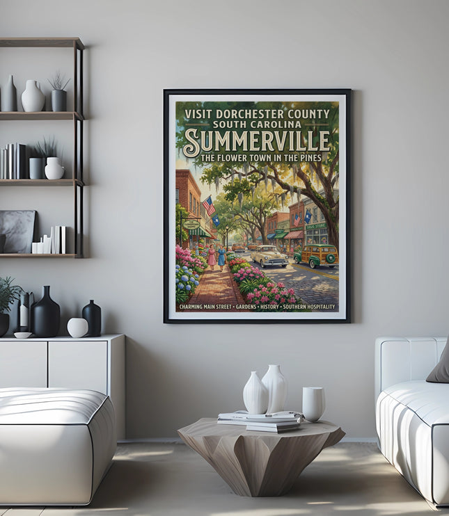 Summerville, South Carolina travel poster with charming main street scene and text.
