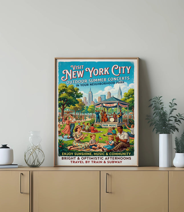 Visit New York City vintage poster of outdoor summer concerts in a park.