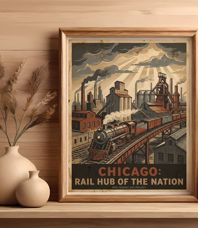 Framed poster of an industrial train scene with Chicago: Rail Hub of the Nation text.