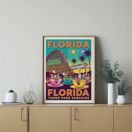 Retro Florida Gulf Coast rollercoaster theme park poster in a frame.