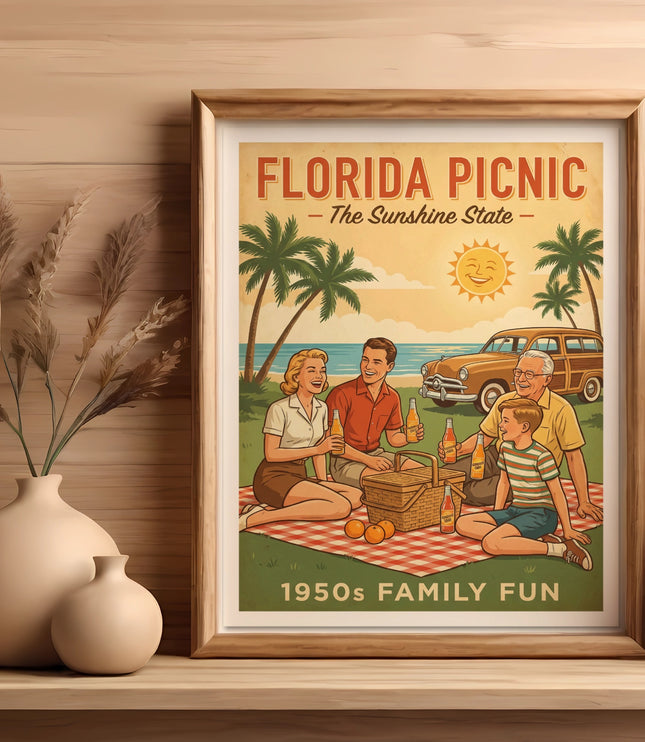 Vintage Florida picnic poster with family, classic car, palm trees, and "1950s Family Fun".
