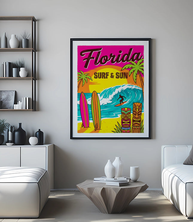 Framed Florida Surf & Sun print with surfboards, surfers, and tiki statues.