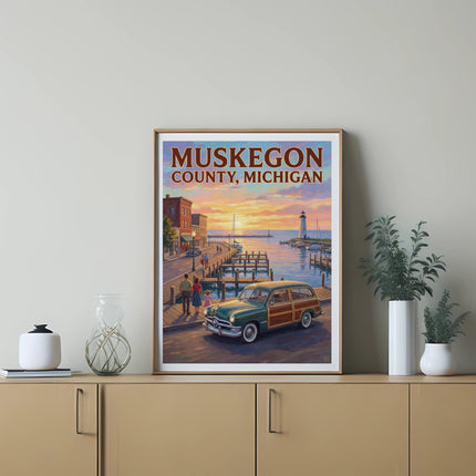Muskegon County, Michigan poster with vintage car and lighthouse at sunset.