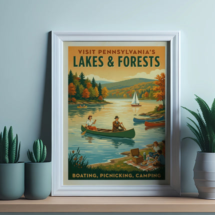 Vintage poster of lakes and forests, people kayaking, sailing, and picnicking.