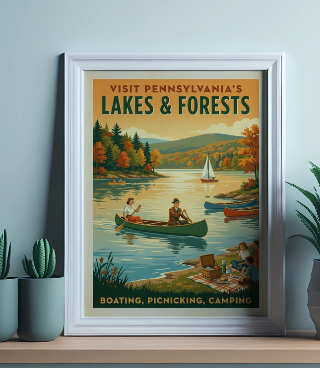 Vintage poster of lakes and forests, people kayaking, sailing, and picnicking.