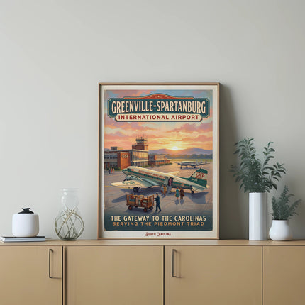 Greenville-Spartanburg International Airport poster with planes and sunrise.