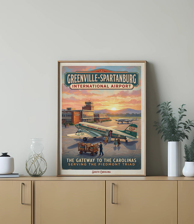 Greenville-Spartanburg International Airport poster with planes and sunrise.