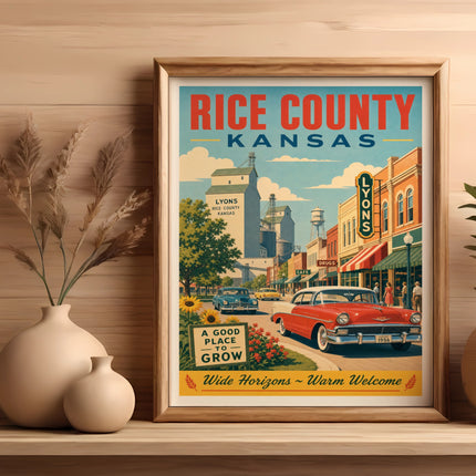 Vintage RICE COUNTY KANSAS poster featuring a classic car and downtown Lyons.