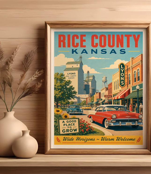 Vintage RICE COUNTY KANSAS poster featuring a classic car and downtown Lyons.