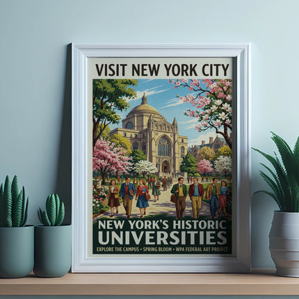 Visit New York City historic universities poster with people and trees.