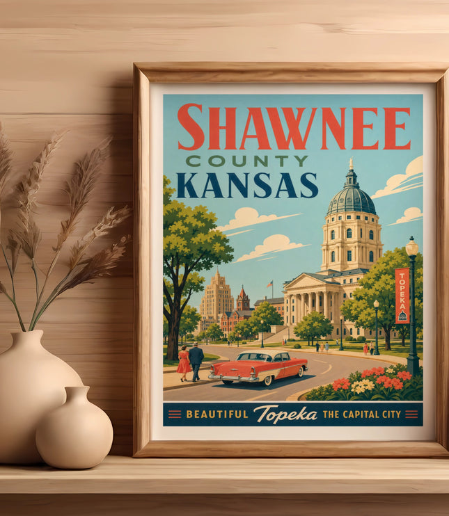 Shawnee County, Kansas poster with vintage car, buildings, and text "Beautiful Topeka The Capital City."
