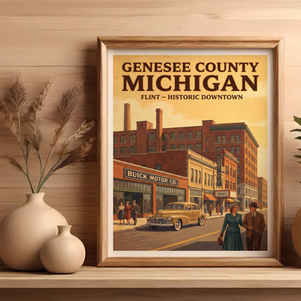 Genesee County Michigan vintage poster featuring Flint historic downtown street scene.