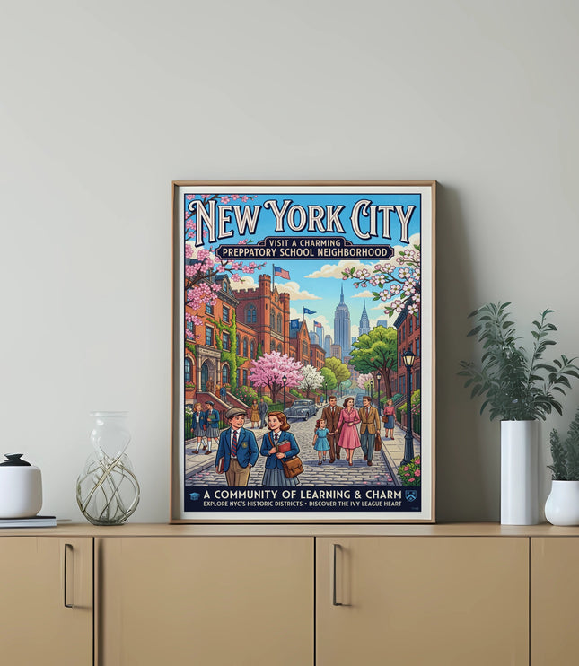 New York City poster with preppy school neighborhood scene and vintage text.
