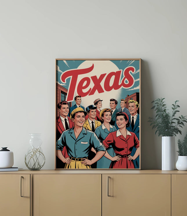 Retro style poster depicting smiling people with "Texas" in large red lettering.
