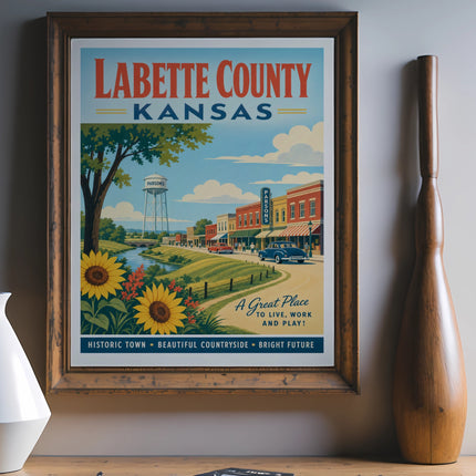 Labette County, Kansas vintage travel poster with a historic town and sunflowers.