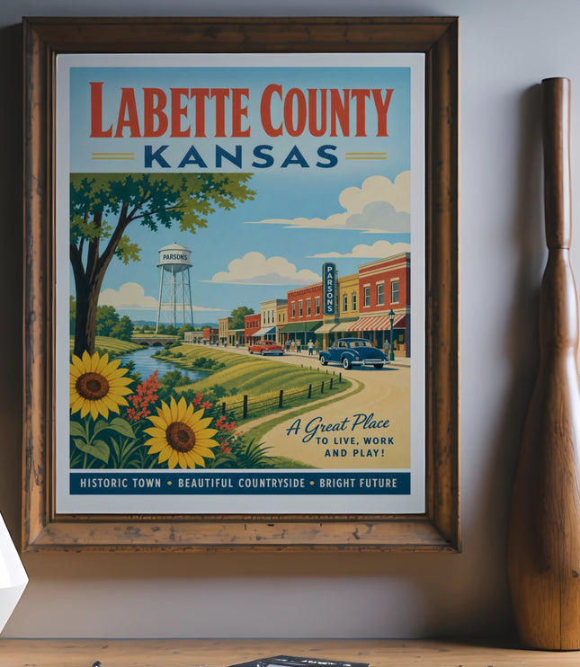 Labette County, Kansas vintage travel poster with a historic town and sunflowers.