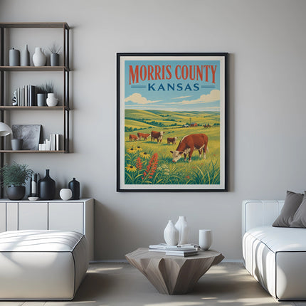 Poster of cows grazing in a Kansas field with "MORRIS COUNTY KANSAS" text.