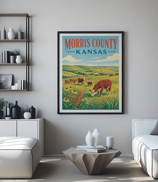 Poster of cows grazing in a Kansas field with "MORRIS COUNTY KANSAS" text.