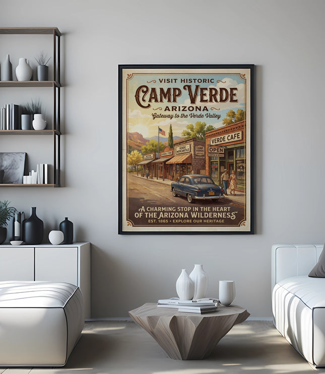 Vintage poster for Camp Verde, Arizona, depicting a historic street scene with a cafe and general store.
