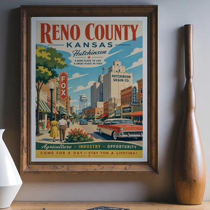 Vintage Reno County, Kansas travel poster depicting Hutchinson street scene.