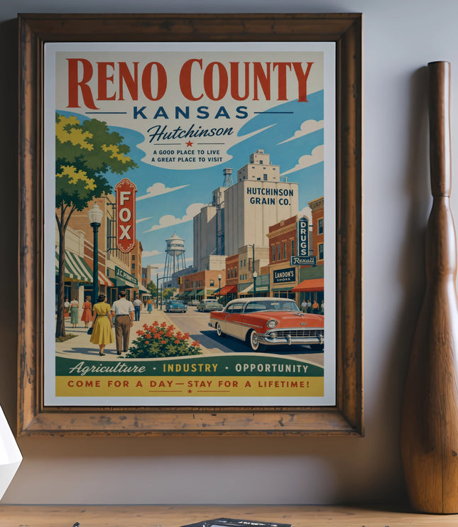Vintage Reno County, Kansas travel poster depicting Hutchinson street scene.