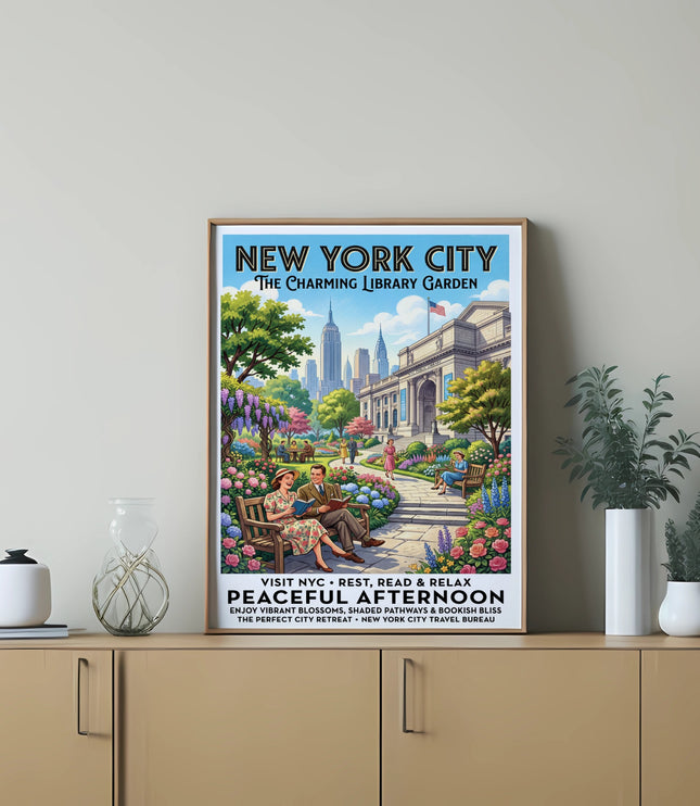 New York City poster of a library garden with people reading on benches.