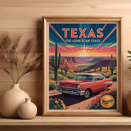 Retro red car driving through Texas desert landscape with "TEXAS THE LONE STAR STATE" text.