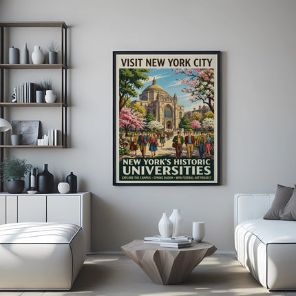 Vintage poster "Visit New York City," featuring historic universities and a WPA Federal Art Project label.
