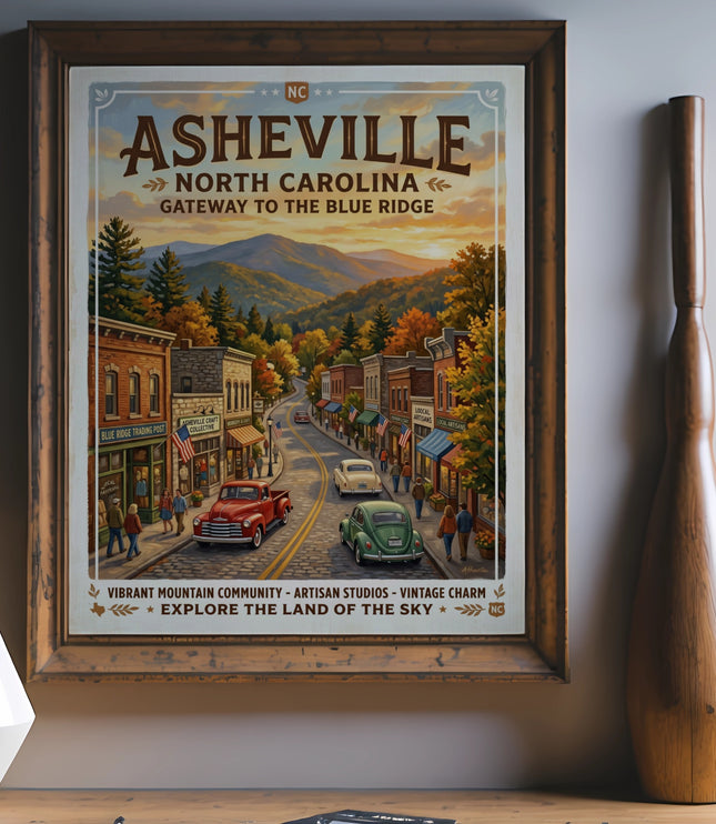Framed Asheville North Carolina vintage travel poster of a mountain town street scene.