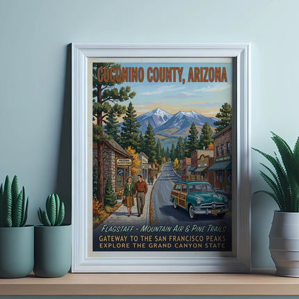 Vintage Coconino County Arizona poster with mountains, town, and text about Flagstaff.