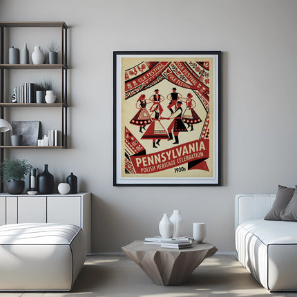 Pennsylvania Polish Heritage Celebration 1930s poster on wall above a modern living room setup.