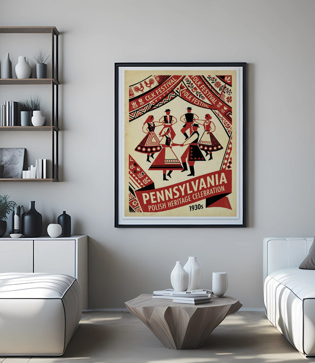 Pennsylvania Polish Heritage Celebration 1930s poster on wall above a modern living room setup.