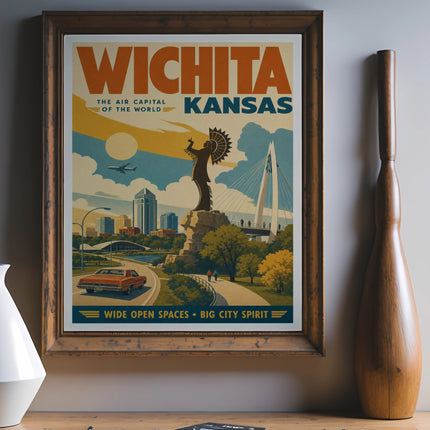 Vintage Wichita, Kansas travel poster with iconic landmarks.