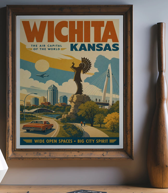 Vintage Wichita, Kansas travel poster with iconic landmarks.