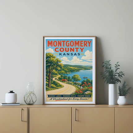 Montgomery County, Kansas poster with scenic lakes, wooded hills, and country roads.
