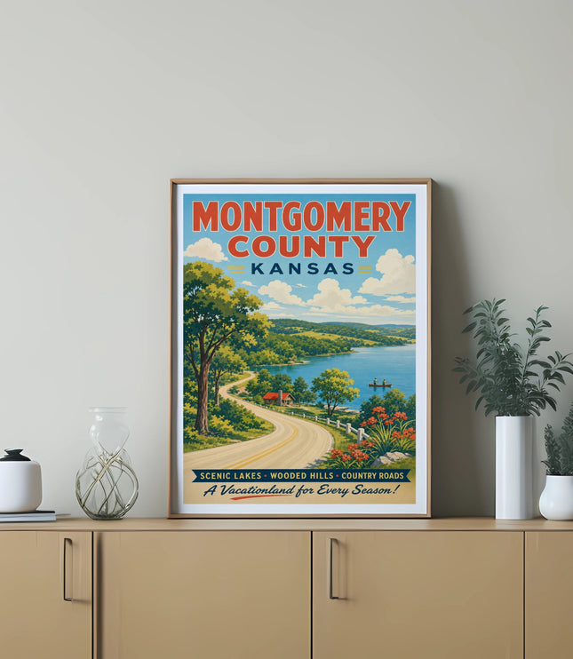 Montgomery County, Kansas poster with scenic lakes, wooded hills, and country roads.
