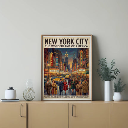 New York City, "The Wonderland of America" poster featuring Broadway theater district with people.
